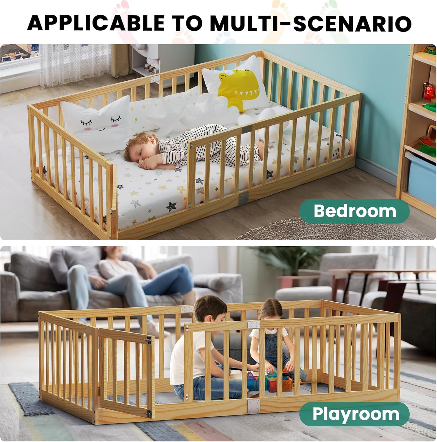 Twin Size Floor Bed for Kids Wooden Toddler Floor Bed Frame Safe Comfortable Baby Floor Bed for Children,Natural‌,40.9-77.5 - 6