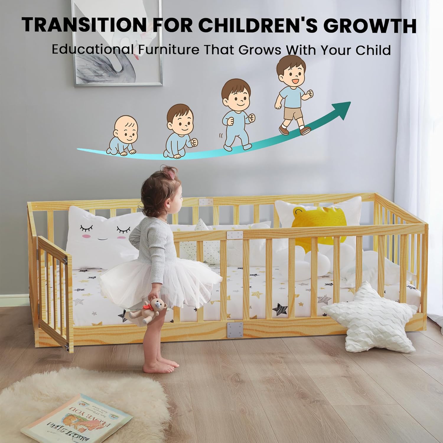 Twin Size Floor Bed for Kids Wooden Toddler Floor Bed Frame Safe Comfortable Baby Floor Bed for Children,Natural‌,40.9-77.5 - 7