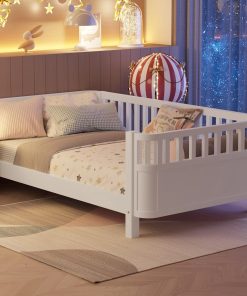 Twin Size Kids Bed Frame, Low Profile Montessori Twin Bed with Rails, Wood Daybed for Girls & Boys, No Spring Box Required, No Squeaks, White - 1