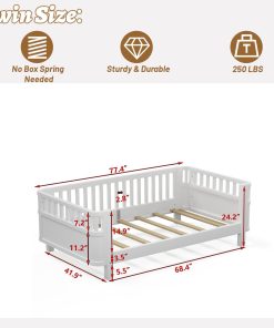 Twin Size Kids Bed Frame, Low Profile Montessori Twin Bed with Rails, Wood Daybed for Girls & Boys, No Spring Box Required, No Squeaks, White - 2