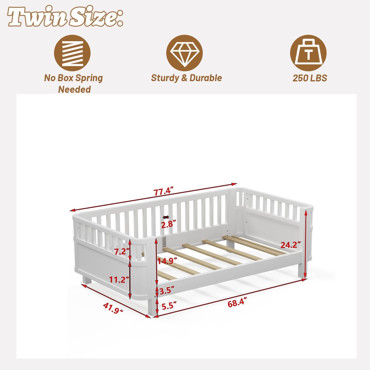 Twin Size Kids Bed Frame, Low Profile Montessori Twin Bed with Rails, Wood Daybed for Girls & Boys, No Spring Box Required, No Squeaks, White - 2