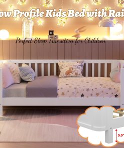 Twin Size Kids Bed Frame, Low Profile Montessori Twin Bed with Rails, Wood Daybed for Girls & Boys, No Spring Box Required, No Squeaks, White - 3