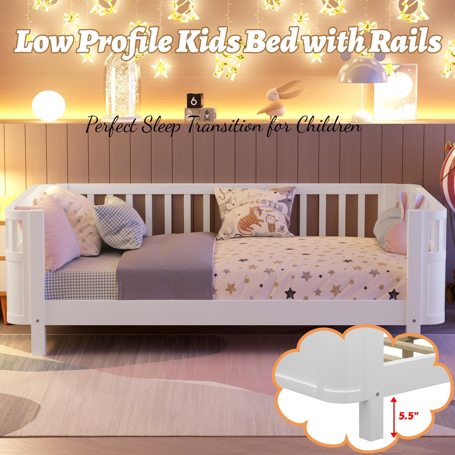 Twin Size Kids Bed Frame, Low Profile Montessori Twin Bed with Rails, Wood Daybed for Girls & Boys, No Spring Box Required, No Squeaks, White - 3