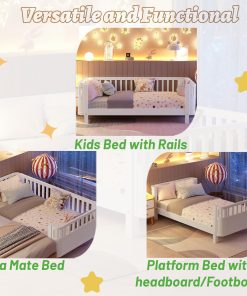 Twin Size Kids Bed Frame, Low Profile Montessori Twin Bed with Rails, Wood Daybed for Girls & Boys, No Spring Box Required, No Squeaks, White - 4