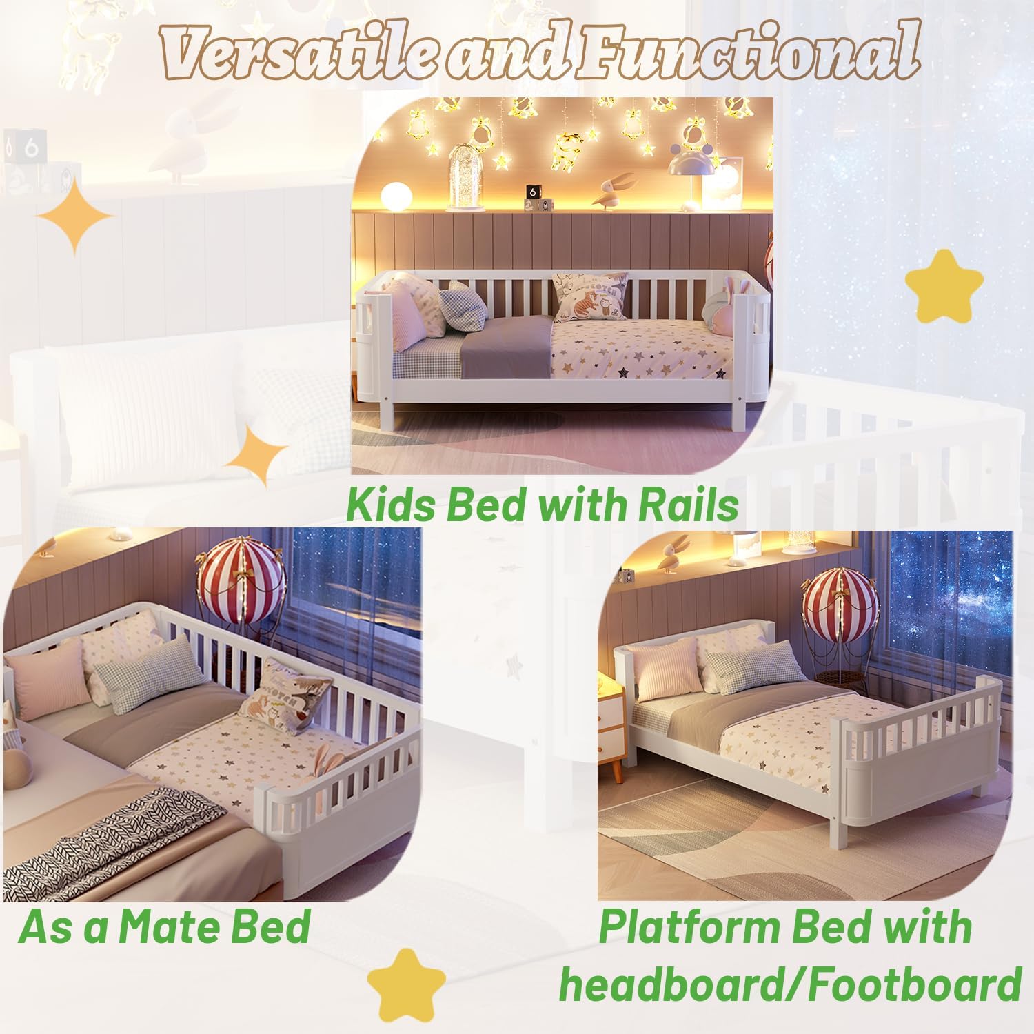 Twin Size Kids Bed Frame, Low Profile Montessori Twin Bed with Rails, Wood Daybed for Girls & Boys, No Spring Box Required, No Squeaks, White - 4