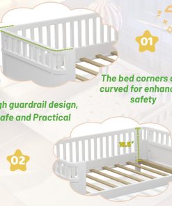 Twin Size Kids Bed Frame, Low Profile Montessori Twin Bed with Rails, Wood Daybed for Girls & Boys, No Spring Box Required, No Squeaks, White - 5