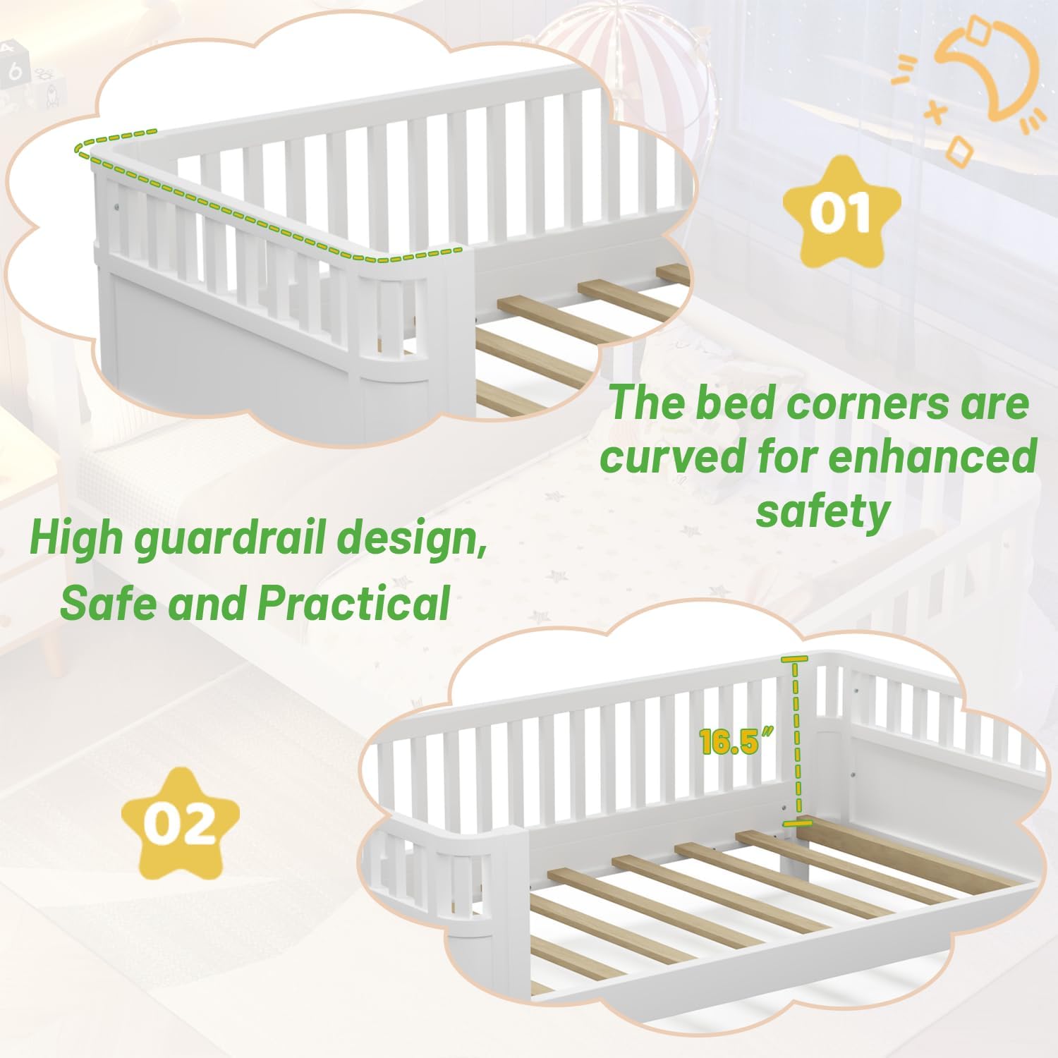 Twin Size Kids Bed Frame, Low Profile Montessori Twin Bed with Rails, Wood Daybed for Girls & Boys, No Spring Box Required, No Squeaks, White - 5
