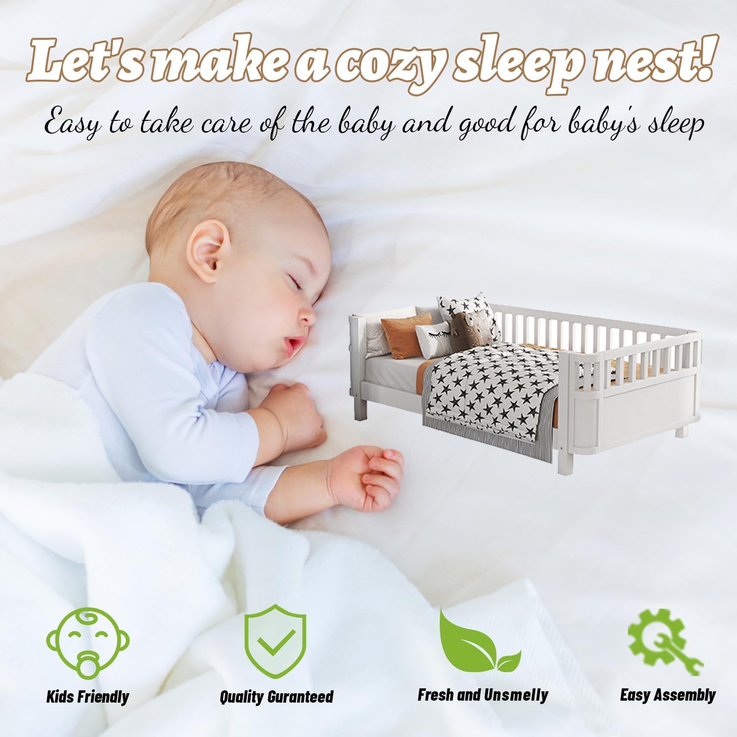 Twin Size Kids Bed Frame, Low Profile Montessori Twin Bed with Rails, Wood Daybed for Girls & Boys, No Spring Box Required, No Squeaks, White - 6