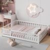 i-POOK Full Size Floor Bed for Children, Solid Wood Montessori Bed Frame with Fence & Door Montessori Floor Bed with Safety Guardrails for Girls and Boys, White - 1