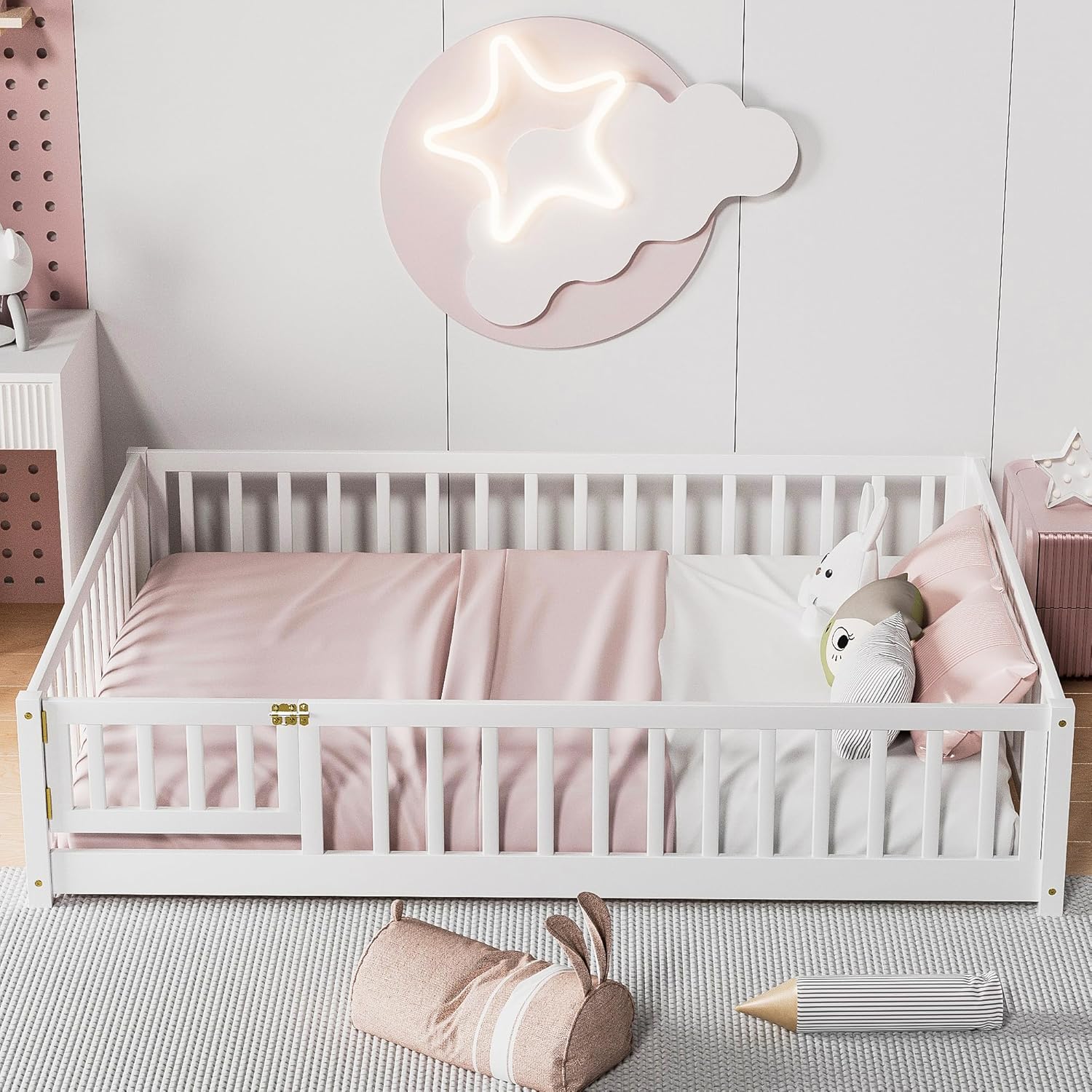 i-POOK Full Size Floor Bed for Children, Solid Wood Montessori Bed Frame with Fence & Door Montessori Floor Bed with Safety Guardrails for Girls and Boys, White - 4