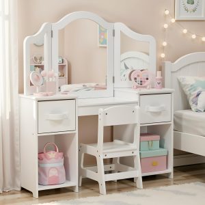 Arlopu Kids Vanity Set, 2 in 1 Toddler Makeup Dressing Table and Chair Set w-Detachable Tri-fold Mirror, Open Shelves, Princess Wooden Pretend Play Desk Furniture Toy for Little Girl - 1