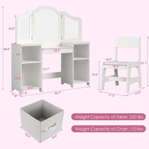 Arlopu Kids Vanity Set, 2 in 1 Toddler Makeup Dressing Table and Chair Set w-Detachable Tri-fold Mirror, Open Shelves, Princess Wooden Pretend Play Desk Furniture Toy for Little Girl - 2