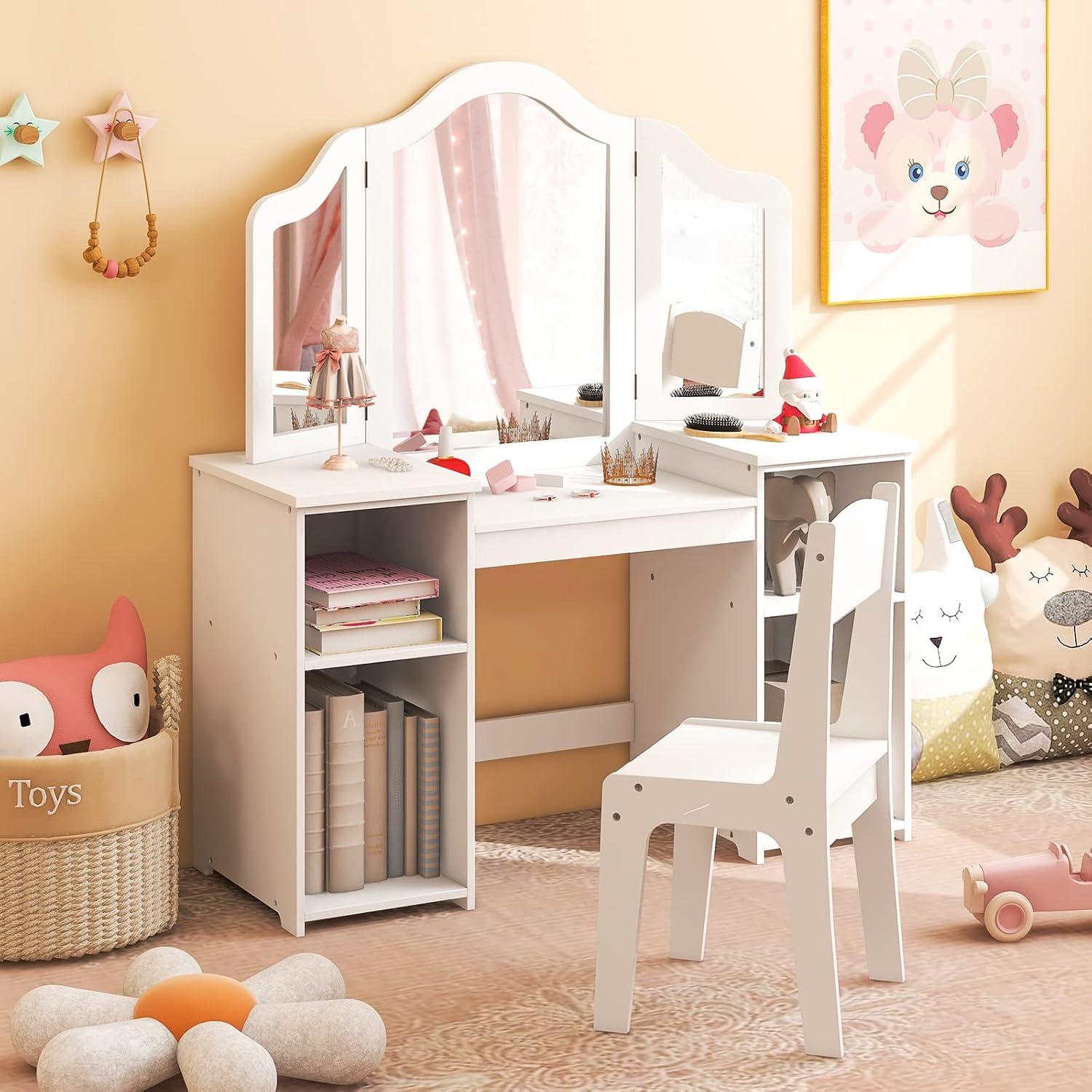 Costzon Kids Vanity, 2 in 1 Princess Makeup Desk & Chair Set with Detachable Tri-Folding Mirror, Storage Shelves, Wooden Toddler Vanity Dressing Table, Vanity Set for Little Girls - 1