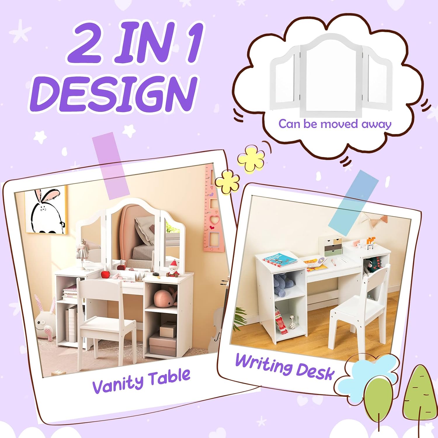 Costzon Kids Vanity, 2 in 1 Princess Makeup Desk & Chair Set with Detachable Tri-Folding Mirror, Storage Shelves, Wooden Toddler Vanity Dressing Table, Vanity Set for Little Girls - 2