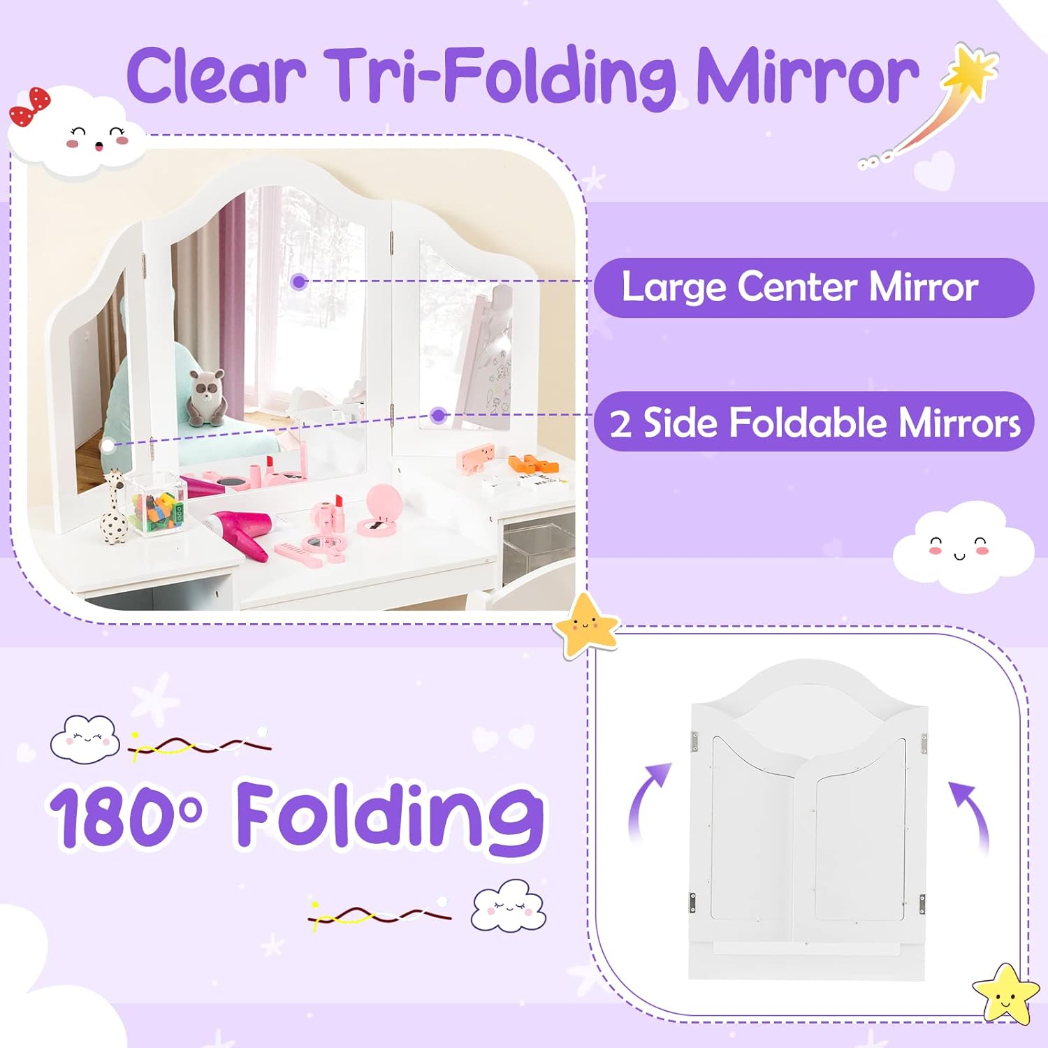Costzon Kids Vanity, 2 in 1 Princess Makeup Desk & Chair Set with Detachable Tri-Folding Mirror, Storage Shelves, Wooden Toddler Vanity Dressing Table, Vanity Set for Little Girls - 3