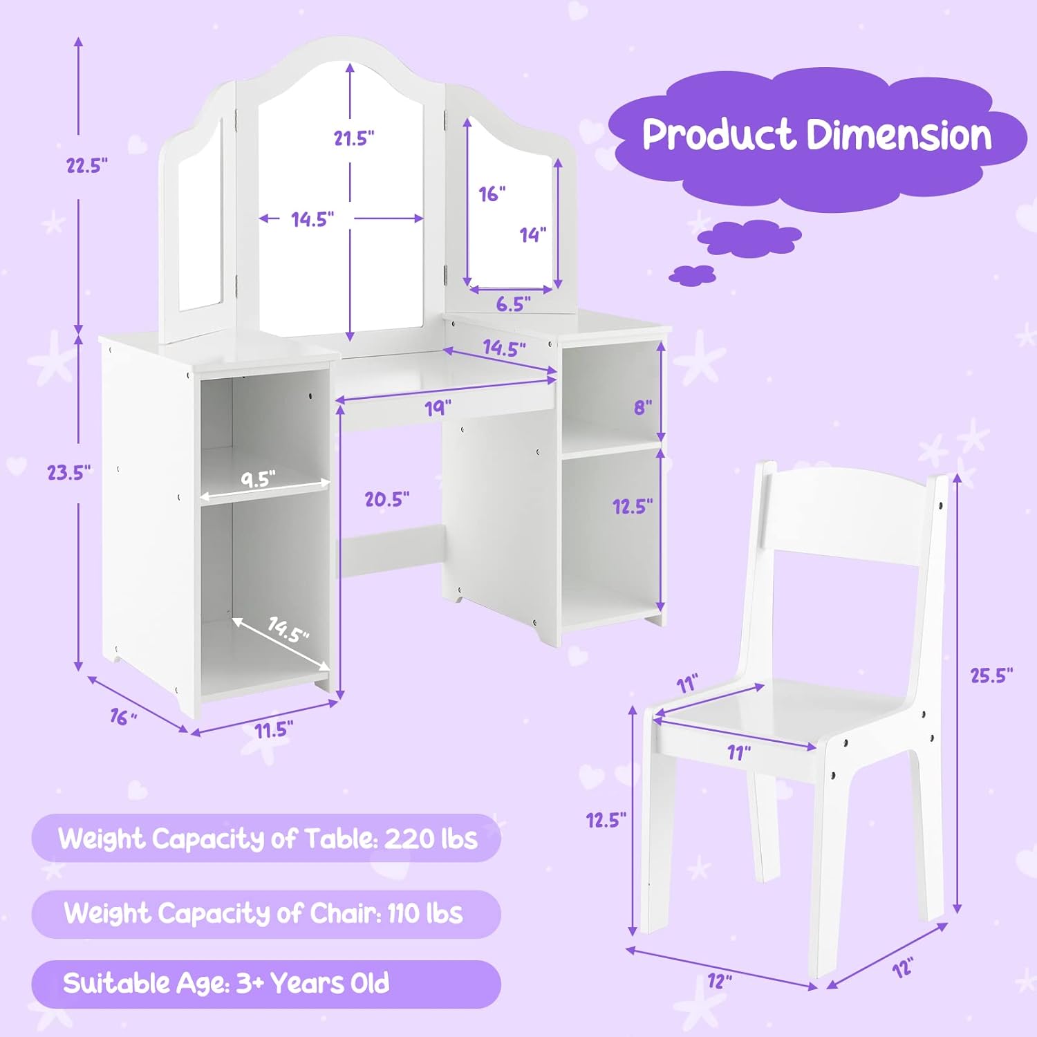 Costzon Kids Vanity, 2 in 1 Princess Makeup Desk & Chair Set with Detachable Tri-Folding Mirror, Storage Shelves, Wooden Toddler Vanity Dressing Table, Vanity Set for Little Girls - 6