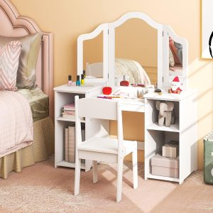 Costzon Kids Vanity, 2 in 1 Princess Makeup Desk & Chair Set with Detachable Tri-Folding Mirror, Storage Shelves, Wooden Toddler Vanity Dressing Table, Vanity Set for Little Girls - 7