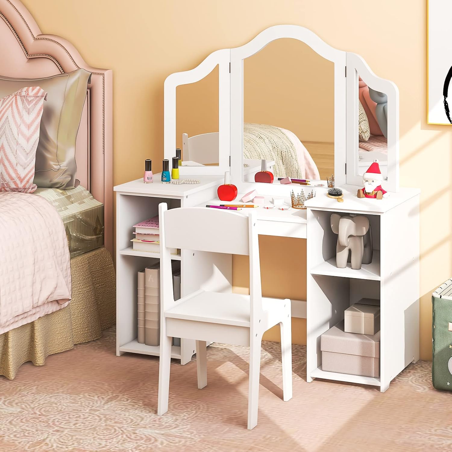 Costzon Kids Vanity, 2 in 1 Princess Makeup Desk & Chair Set with Detachable Tri-Folding Mirror, Storage Shelves, Wooden Toddler Vanity Dressing Table, Vanity Set for Little Girls - 7