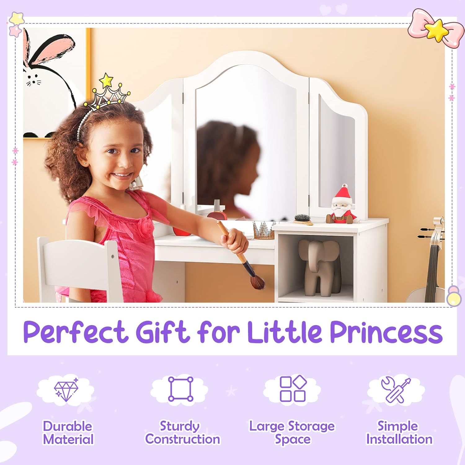 Costzon Kids Vanity, 2 in 1 Princess Makeup Desk & Chair Set with Detachable Tri-Folding Mirror, Storage Shelves, Wooden Toddler Vanity Dressing Table, Vanity Set for Little Girls - 8