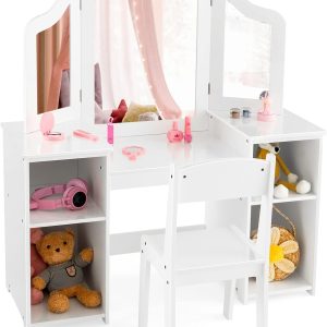 Costzon Kids Vanity, 2 in 1 Princess Makeup Desk & Chair Set with Detachable Tri-Folding Mirror, Storage Shelves, Wooden Toddler Vanity Dressing Table, Vanity Set for Little Girls - 9