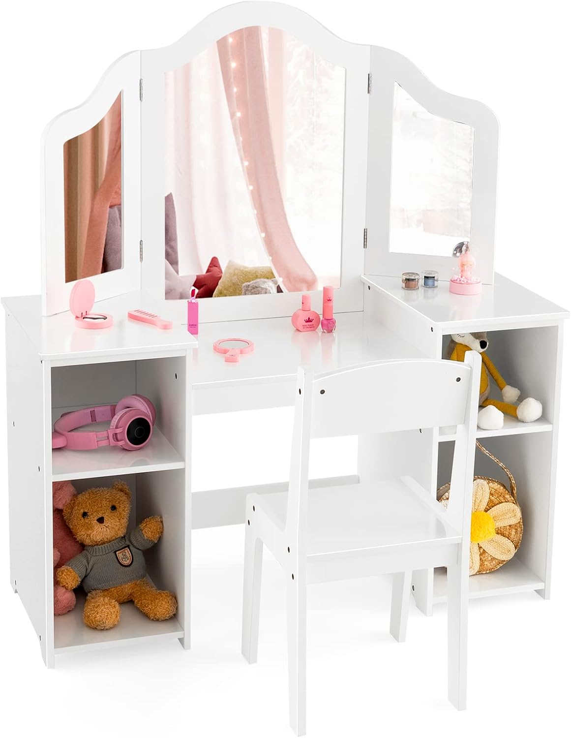 Costzon Kids Vanity, 2 in 1 Princess Makeup Desk & Chair Set with Detachable Tri-Folding Mirror, Storage Shelves, Wooden Toddler Vanity Dressing Table, Vanity Set for Little Girls - 9