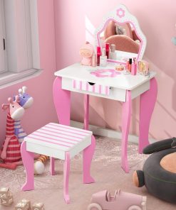 Costzon Kids Vanity, Girls Vanity Set with Mirror and Stool, Storage Drawer, Wooden Princess Makeup Dressing Table, Kids Vanity Table and Chair Set - 1