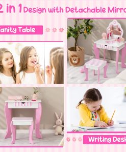 Costzon Kids Vanity, Girls Vanity Set with Mirror and Stool, Storage Drawer, Wooden Princess Makeup Dressing Table, Kids Vanity Table and Chair Set - 2
