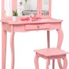 Costzon Kids Wooden Vanity Table & Stool Set, 2 in 1 Detachable Design with Dressing Table and Writing Desk, Princess Makeup Dressing Table with Two 180° Folding Mirror, for Girls, Kids - 1