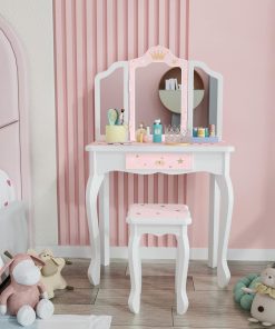 JOYMOR Kids Princess Vanity Table and Chair Set, Kids Vanity Set with Mirror, Makeup Dressing Table with Two 180° Folding Mirror for Girls Age 4-9 - 1