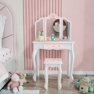 JOYMOR Kids Princess Vanity Table and Chair Set, Kids Vanity Set with Mirror, Makeup Dressing Table with Two 180° Folding Mirror for Girls Age 4-9 - 1