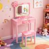 Karl home 2 in 1 Kids Vanity Set with Lighted Mirror and Stool, Cute Cow-Shaped Pretend Play Makeup Desk with Large Drawer, Toddler Princess Dressing Table & Chair Set for Little Girls, Pink - 1