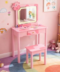 Karl home 2 in 1 Kids Vanity Set with Lighted Mirror and Stool, Cute Cow-Shaped Pretend Play Makeup Desk with Large Drawer, Toddler Princess Dressing Table & Chair Set for Little Girls, Pink - 1