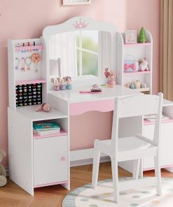 MU Kids Vanity, Girl Vanity Set with Mirror and Stool, 2 in 1 Toddler Makeup Vanity Table with Jewelry Storage, Wooden Princess Makeup Desk Dressing Table for Little Girls - 1