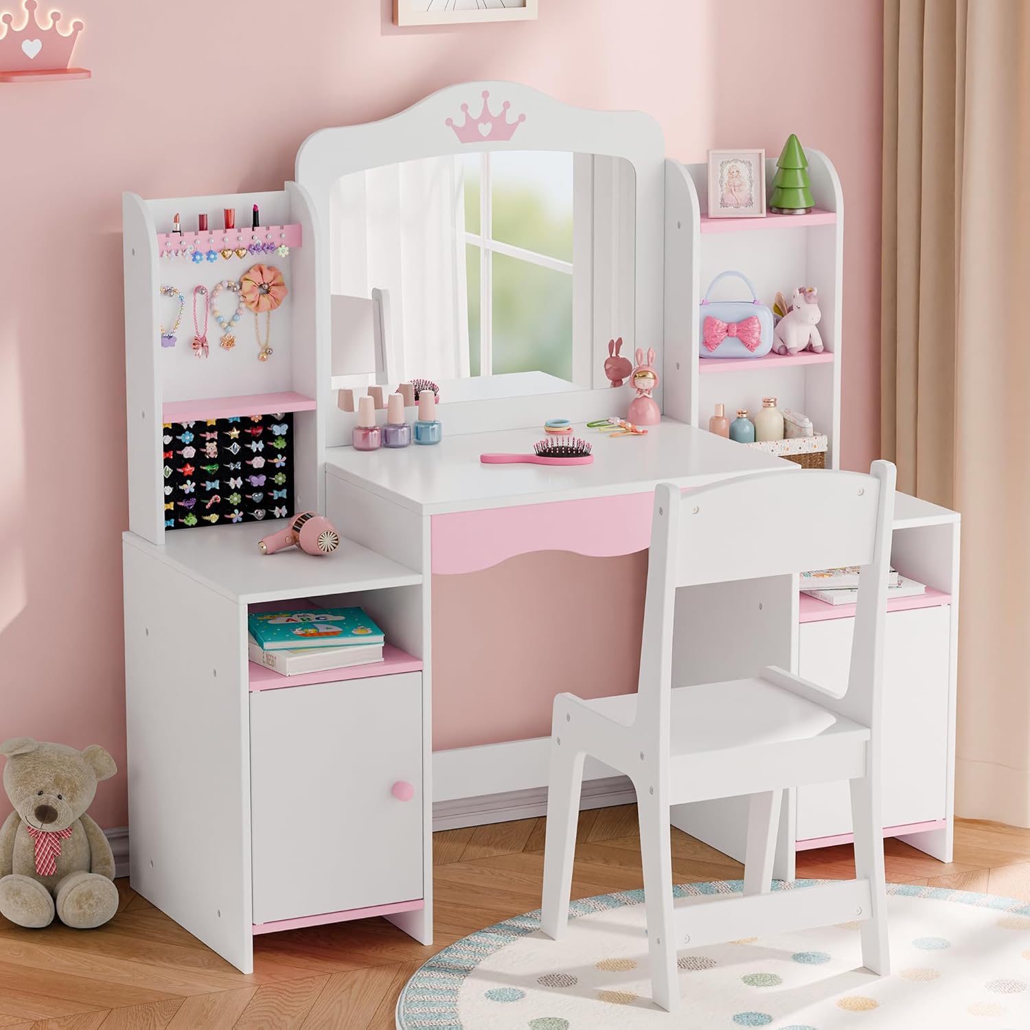 MU Kids Vanity, Girl Vanity Set with Mirror and Stool, 2 in 1 Toddler Makeup Vanity Table with Jewelry Storage, Wooden Princess Makeup Desk Dressing Table for Little Girls - 1