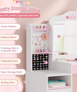 MU Kids Vanity, Girl Vanity Set with Mirror and Stool, 2 in 1 Toddler Makeup Vanity Table with Jewelry Storage, Wooden Princess Makeup Desk Dressing Table for Little Girls - 2