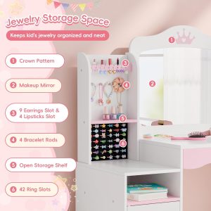 MU Kids Vanity, Girl Vanity Set with Mirror and Stool, 2 in 1 Toddler Makeup Vanity Table with Jewelry Storage, Wooden Princess Makeup Desk Dressing Table for Little Girls - 2