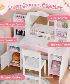 MU Kids Vanity, Girl Vanity Set with Mirror and Stool, 2 in 1 Toddler Makeup Vanity Table with Jewelry Storage, Wooden Princess Makeup Desk Dressing Table for Little Girls - 3