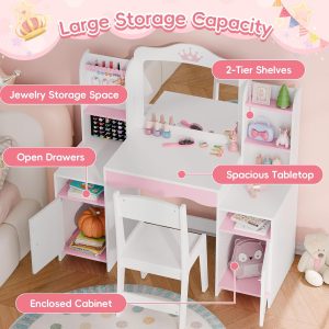 MU Kids Vanity, Girl Vanity Set with Mirror and Stool, 2 in 1 Toddler Makeup Vanity Table with Jewelry Storage, Wooden Princess Makeup Desk Dressing Table for Little Girls - 3
