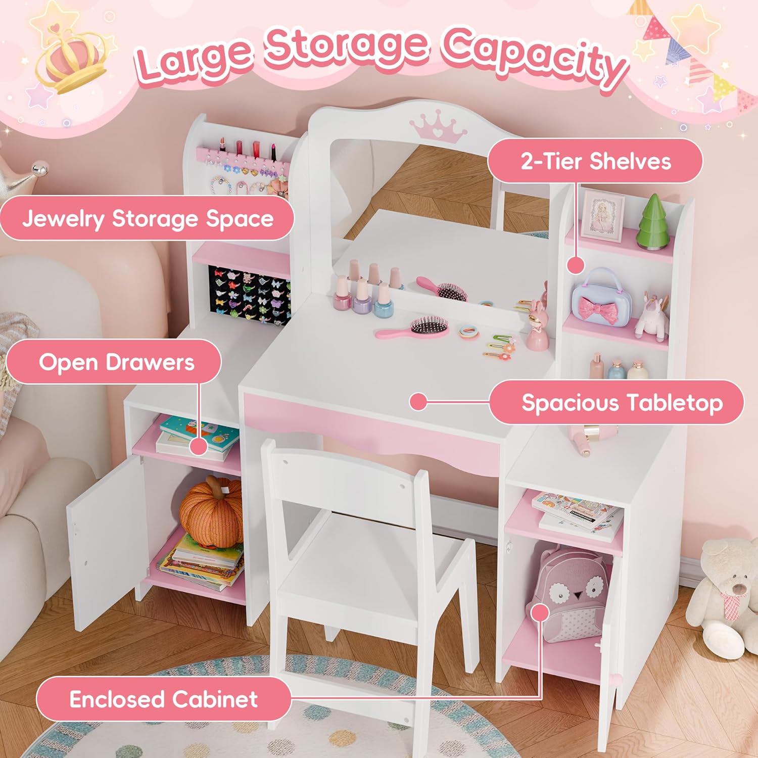 MU Kids Vanity, Girl Vanity Set with Mirror and Stool, 2 in 1 Toddler Makeup Vanity Table with Jewelry Storage, Wooden Princess Makeup Desk Dressing Table for Little Girls - 3