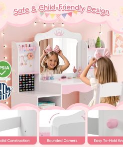 MU Kids Vanity, Girl Vanity Set with Mirror and Stool, 2 in 1 Toddler Makeup Vanity Table with Jewelry Storage, Wooden Princess Makeup Desk Dressing Table for Little Girls - 4