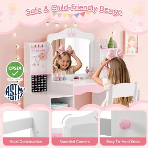 MU Kids Vanity, Girl Vanity Set with Mirror and Stool, 2 in 1 Toddler Makeup Vanity Table with Jewelry Storage, Wooden Princess Makeup Desk Dressing Table for Little Girls - 4