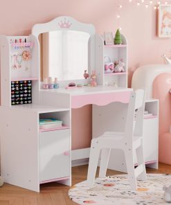 MU Kids Vanity, Girl Vanity Set with Mirror and Stool, 2 in 1 Toddler Makeup Vanity Table with Jewelry Storage, Wooden Princess Makeup Desk Dressing Table for Little Girls - 5