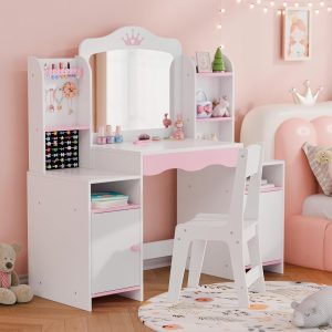 MU Kids Vanity, Girl Vanity Set with Mirror and Stool, 2 in 1 Toddler Makeup Vanity Table with Jewelry Storage, Wooden Princess Makeup Desk Dressing Table for Little Girls - 5