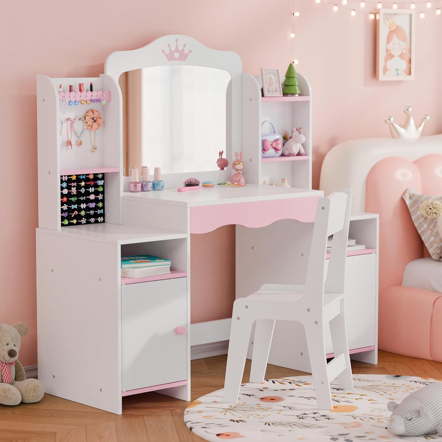 MU Kids Vanity, Girl Vanity Set with Mirror and Stool, 2 in 1 Toddler Makeup Vanity Table with Jewelry Storage, Wooden Princess Makeup Desk Dressing Table for Little Girls - 5