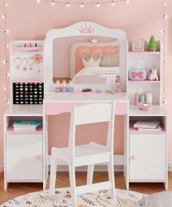 MU Kids Vanity, Girl Vanity Set with Mirror and Stool, 2 in 1 Toddler Makeup Vanity Table with Jewelry Storage, Wooden Princess Makeup Desk Dressing Table for Little Girls - 6
