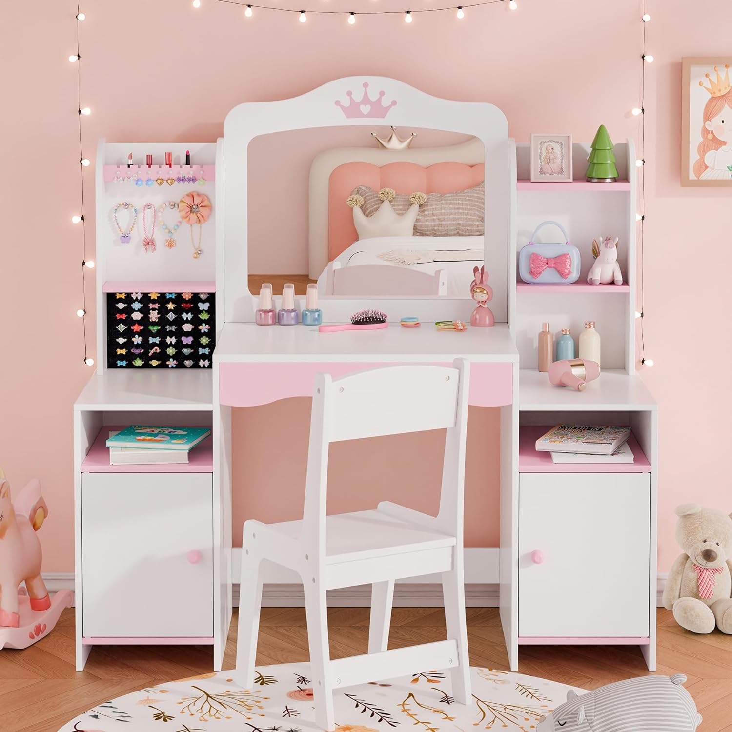 MU Kids Vanity, Girl Vanity Set with Mirror and Stool, 2 in 1 Toddler Makeup Vanity Table with Jewelry Storage, Wooden Princess Makeup Desk Dressing Table for Little Girls - 6