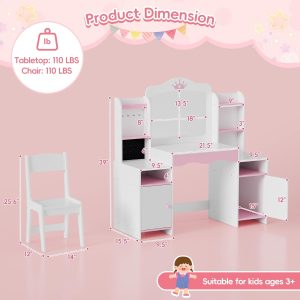 MU Kids Vanity, Girl Vanity Set with Mirror and Stool, 2 in 1 Toddler Makeup Vanity Table with Jewelry Storage, Wooden Princess Makeup Desk Dressing Table for Little Girls - 7