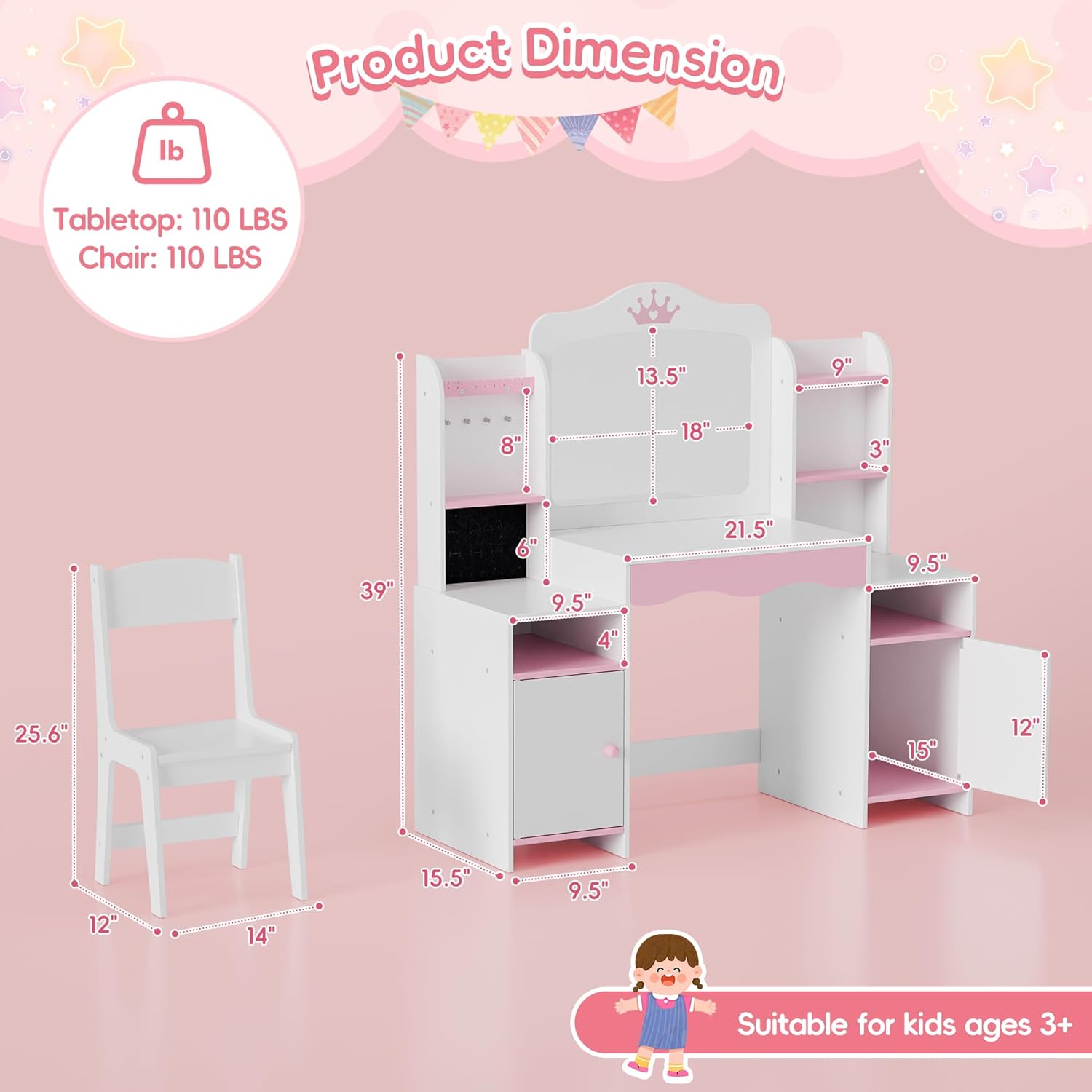 MU Kids Vanity, Girl Vanity Set with Mirror and Stool, 2 in 1 Toddler Makeup Vanity Table with Jewelry Storage, Wooden Princess Makeup Desk Dressing Table for Little Girls - 7