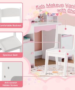 MU Kids Vanity, Girl Vanity Set with Mirror and Stool, 2 in 1 Toddler Makeup Vanity Table with Jewelry Storage, Wooden Princess Makeup Desk Dressing Table for Little Girls - 8