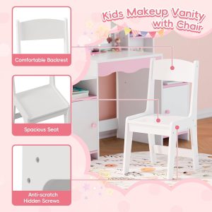 MU Kids Vanity, Girl Vanity Set with Mirror and Stool, 2 in 1 Toddler Makeup Vanity Table with Jewelry Storage, Wooden Princess Makeup Desk Dressing Table for Little Girls - 8
